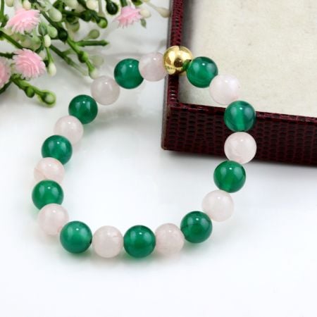 Rose quartz & Green onyx beaded bracelet, With Metal bead, Adjustable bracelet